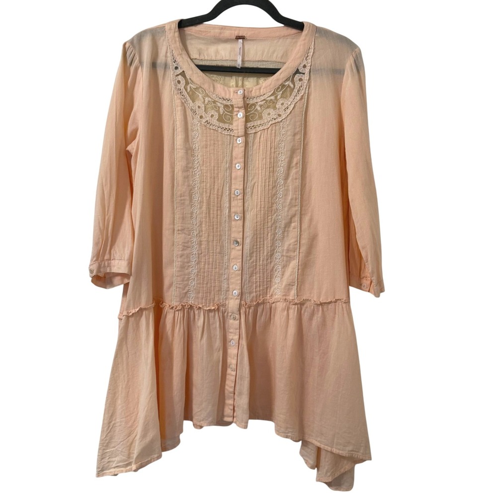 Free People Peach Lace-Trim Button Front Tunic